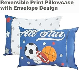 EVERYDAY KIDS 4 Piece Toddler Bedding Set - Jungle Sports - Soft 100% Cotton Percale - Includes Comforter, Flat Sheet, Fitted Sheet and Reversible Pillowcase