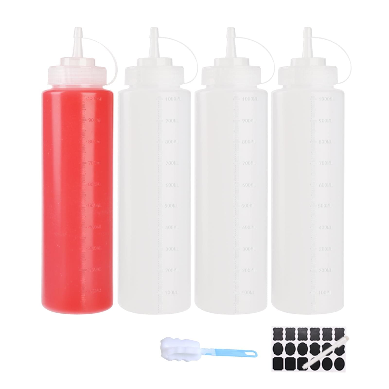 4-Pack 32oz/1000ml Large Plastic Squeeze Bottles with Nozzles, Food Grade Refillable Sauce Bottles, Squeezy Condiment Dispenser for Sauces, Ketchup and Salad