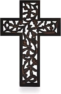 Indus Lifespace Gifts Wooden Wall Cross Plaque Long Hanging with Hand Carved Floral Design Religious Altar Home Living Room Decor Lightweight (30.48cm x 20.32cm x 1.27cm)