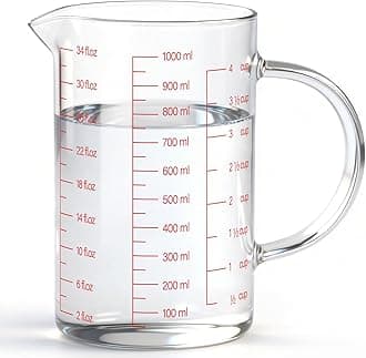 Luvan Glass Measuring Jug 1L /4 Cup ,Easy to Read with 3 Types of Markings(ml,oz and Cup),V-Shaped Spout,Borosilica Glass,Microwave,Freezer,Dishwasher and Oven Safe,Ideal for Kitchen or Restaurant