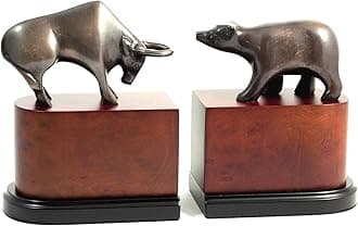 Bey-Berk Cast Metal with Bronzed Finished Bull & Bear Bookends on a Burl and Black Wood Base , 5.75"L x 3.75"W x 7.5"H