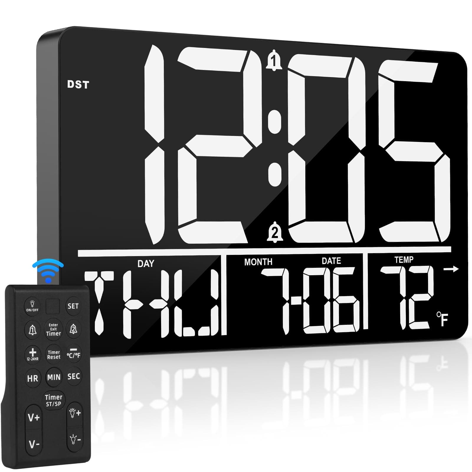 13" Digital Wall Clock Large Display with Remote, 25 Ringtones, Temperature, Calendar, 0-100% Auto or Custom Brightness, 12/24H, DST, Timer, for Living Room, Kitchen, Bedroom, Office, Elderly