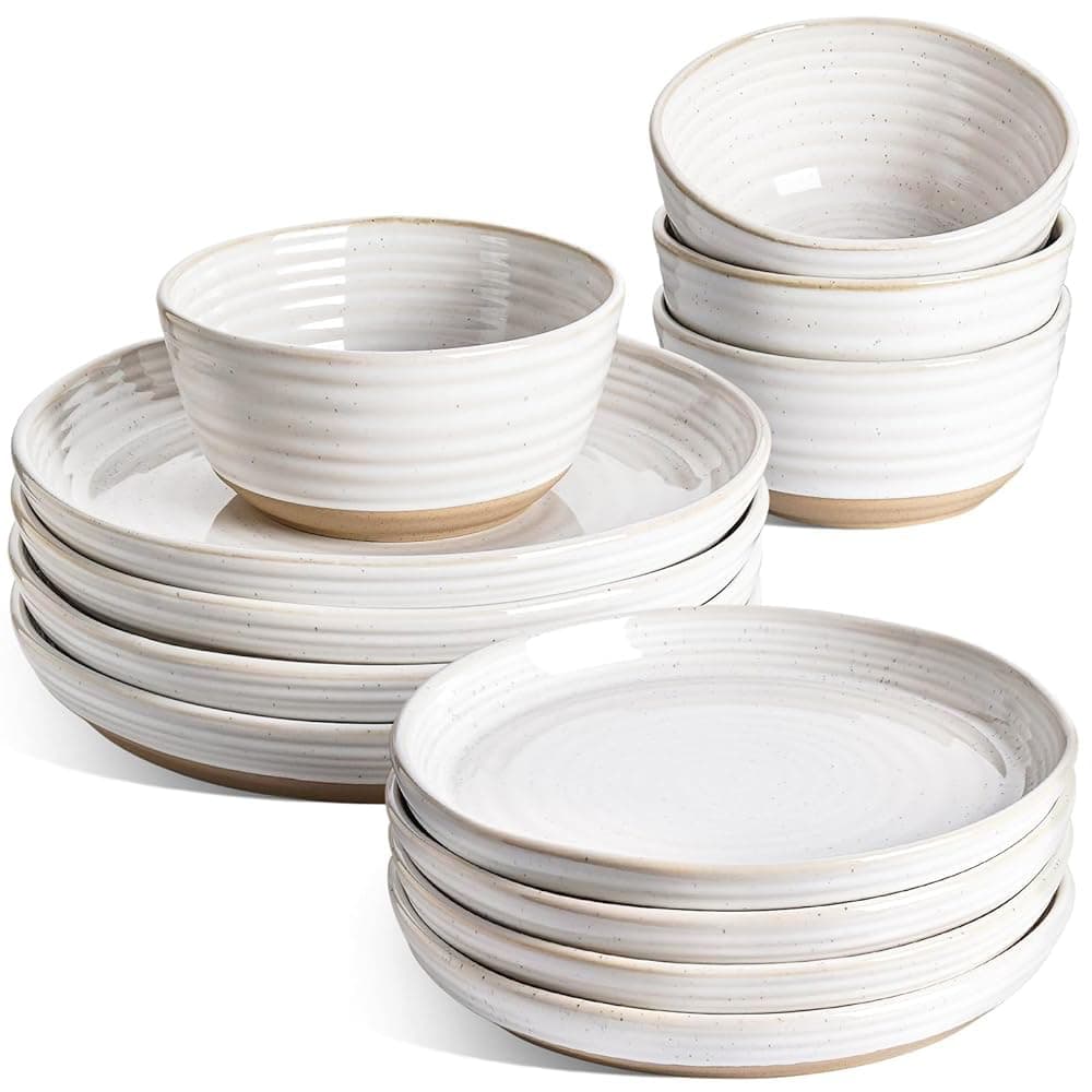 Dinnerware Sets 12 PCS, Ceramic Plates and Bowls Set, For Housewarming (28 oz Cereal Bowl+ 8" Salad Dish+10" Dinner Plate) x 4, Oven safe, Arctic White