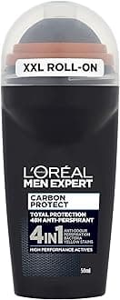 L'Oréal Men Expert Carbon Protect Deodorant Roll-On, 48-Hour High-Performance Anti-Perspirant, 4-in-1 Action with Absorbing Charcoal Powder, No Sticky Residue, Dermatologically Tested