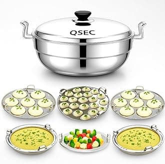 QSEC Triply bottom Idli maker Stainless Steel 4-in-1 Induction base Multi utility Kadai Idli Cooker All-in-One Big Size dhokla Cooker | 6 Plate 2 Idli | 1 mini idli 2 Dhokla 1 Patra Momo Steamer
