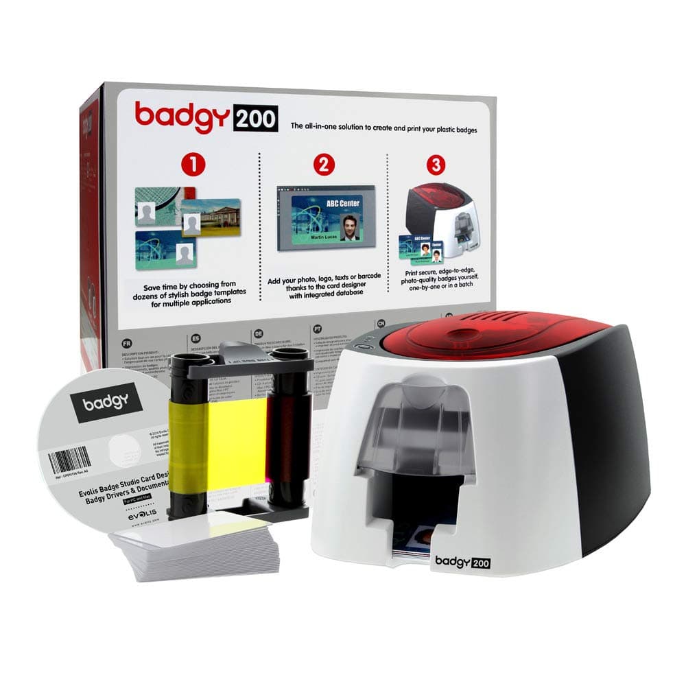 EVOLIS, BADGY200, Card Printing Solution, 1 BADGY200 Printer, Single Sided, 1 Color Ribbon for 100 Prints and 100CT PVC Cards(30MIL) with Badge Studio+ Software