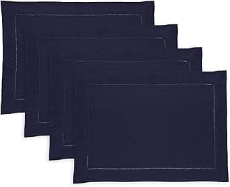Solino Home Linen Placemats Set of 4 - Medium Weight Hemstitch Navy Blue Placemats 14 x 19 Inch - 100% Pure Linen Table Place Mats for Winter, Mothers Day