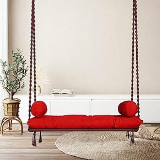 Patiofy Polyester 2 Seater Swing for Adults - Premium Hammock Hanging Chair for Balcony and Living Room With Red Sitting Cushion & Hanging Kit - Brown