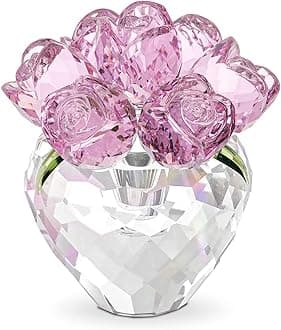LONGWIN Crystal Rose Flower Figurines Collectible Glass Spring Bouquet with Vase Home Decor Romantic Gifts for Women Pink