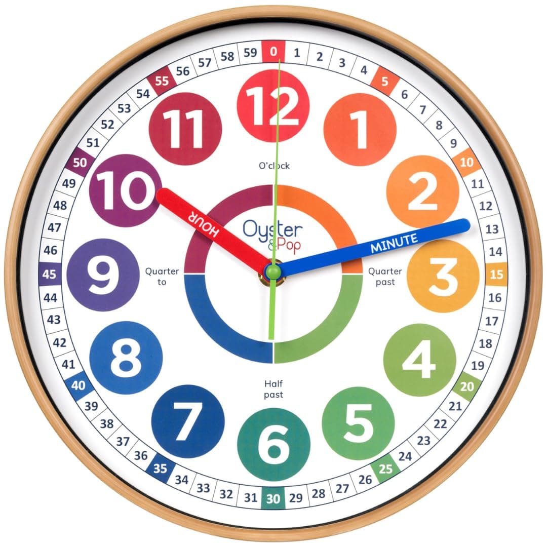 Oyster&Pop Learning Clock for Kids - Award-Winning Silent Wall Clock - 10" Non-Ticking Analog Teaching Clock for Classrooms Bedrooms & Kids Rooms - Children Learn to Tell Time Easily