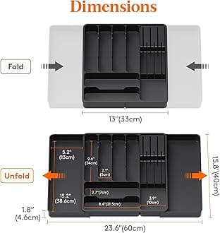 Lifewit Cutlery Drawer Organiser, Expandable Tray with Knives Holder for Kitchen Storage, Cutlery Organiser Insert for Spoons, Forks, Utensil, 1 Pack, Black