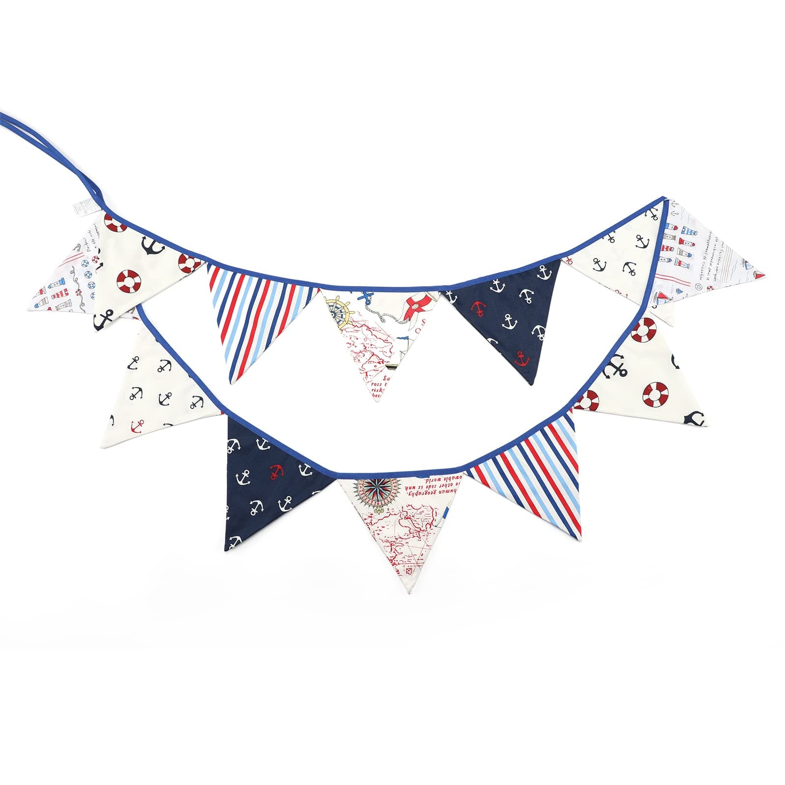 G2PLUS Double Sided Fabric Bunting Banner, 3.3M with 12 Nautical Pirate Pennants, Cotton Shabby Chic Garland - White and Blue