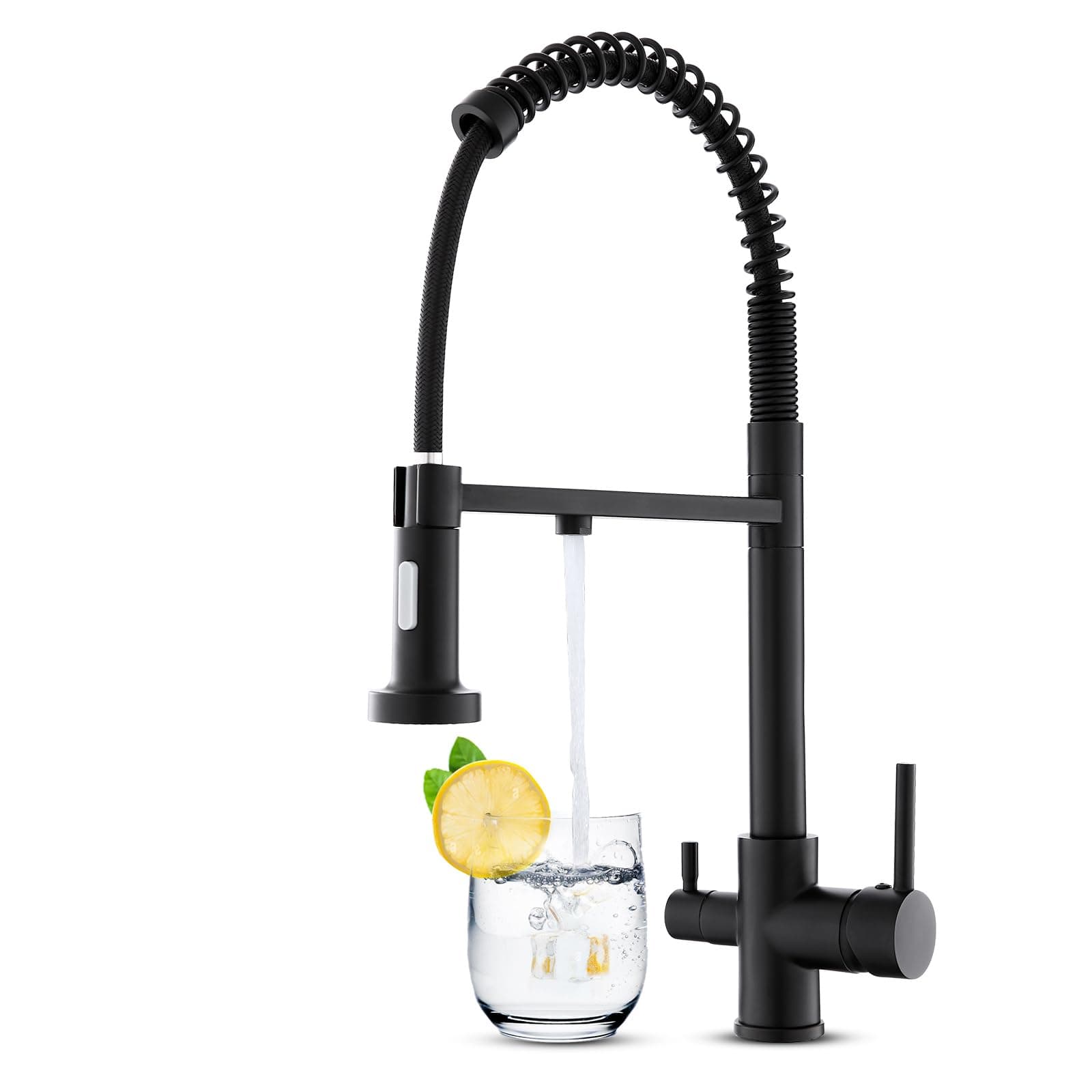 3 Way Tap with Pull Out Sprayer(2 Mode) for Kitchen Sink, Drinking Water Tap, 3 in 1 Sink Tap with Dual Handle, Spring Triflow Kitchen Faucet with Water Filter Mixer Black UK Standard