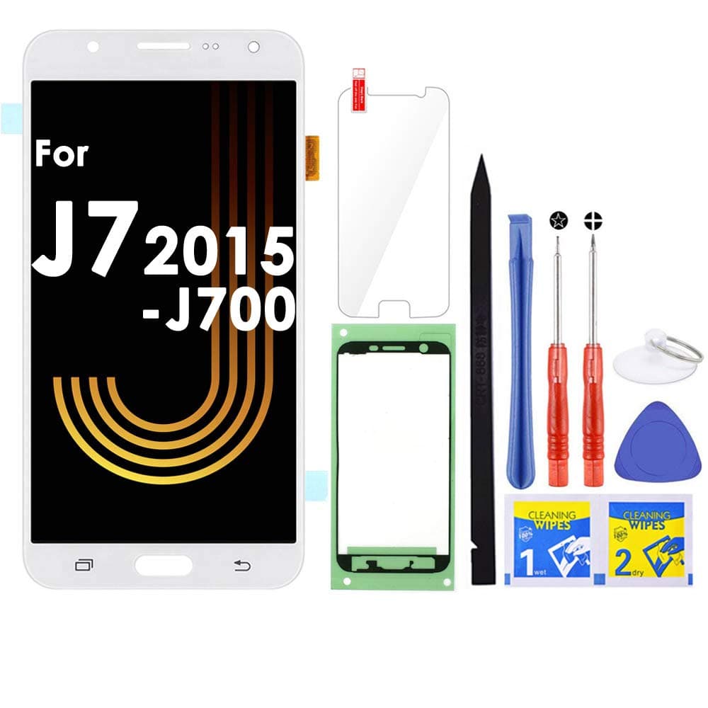 LCD Screen Replacement (White) for Samsung Galaxy J7 2015 J700 J700T J700F J700H J700M SM-J700 LCD Touch Screen Digitizer Glass Display Assembly with Repair Tools and Adhesive