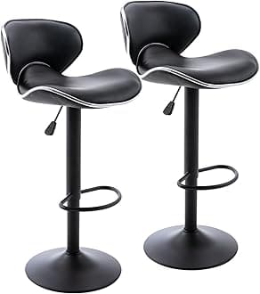 PU Leather Adjustable Bar Stools, Modern Swivel Airlift Barstools with Back, Armless Counter Height Chairs for Kitchen Dining Pub Cafe Set of 2 (Black, Matte Black Base)