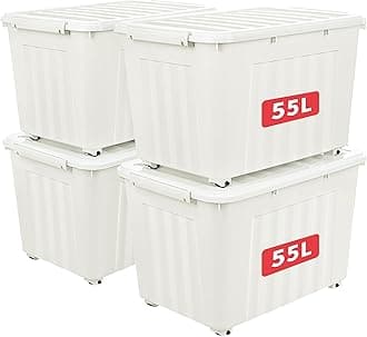 Cetomo 55L*4 Storage Boxes with Lids, Plastic Storage Box with Wheels and Secure Side Latches, Stackable & Nestable Organizer for Home, Office, Moving, PP, White, 55L-4 Pack