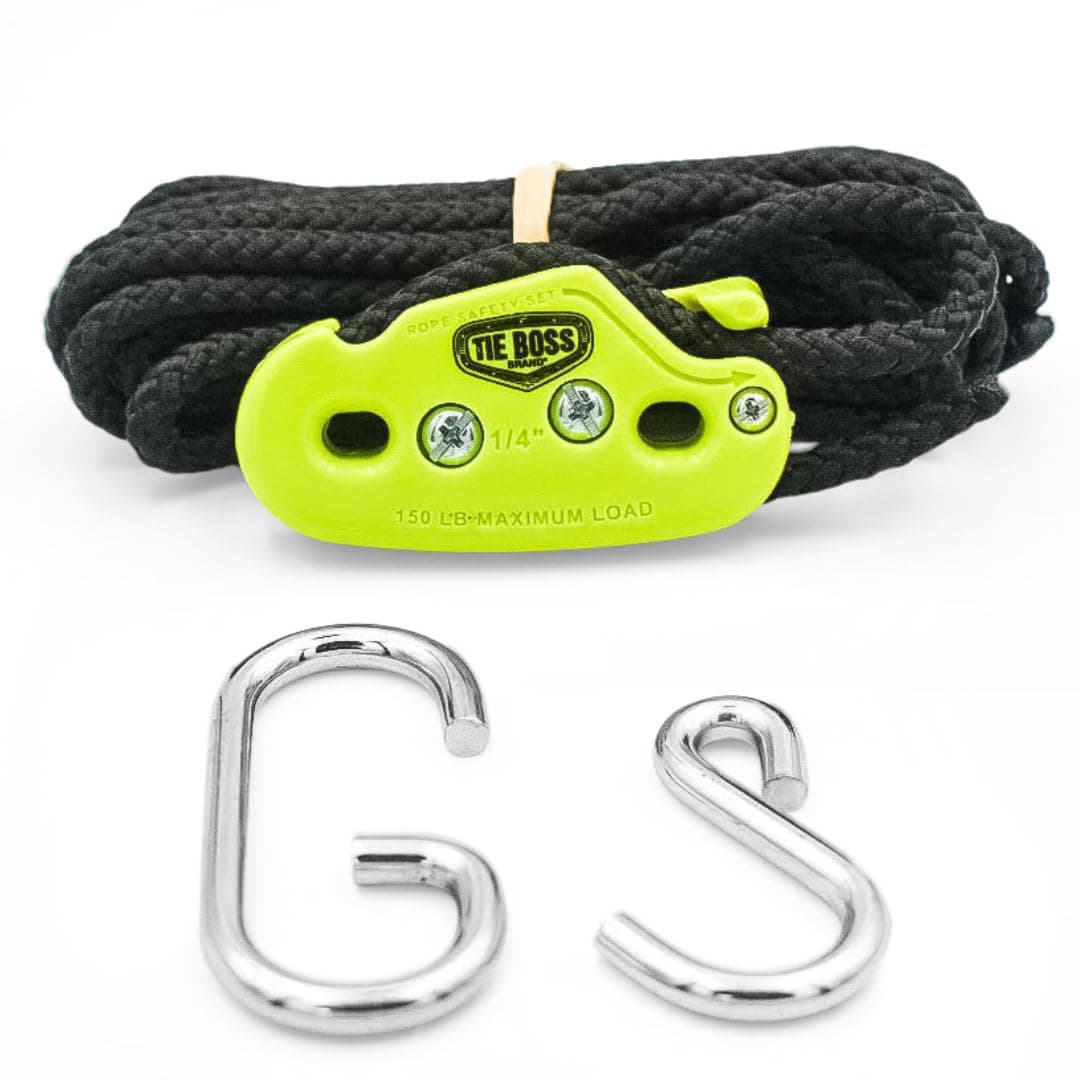 Tie Boss - 1/4 Inch, Medium Duty, (150 lbs Working Load Limit), Weather Resistant, Tie Down, Rope Tightening System, (w/15 ft Rope) (Pack of 1) (Green)