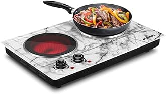CUSIMAX Hot Plate, 1800W Double Burner Electric Hot Plate for Cooking, Dual Control Portable Infrared Stove Countertop Cooktop, Heat-up in Seconds, Stainless Steel White Marble