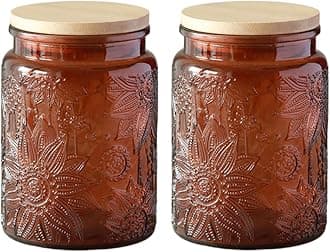 ANSQU Set of 2 Vintage Glass Kitchen Storage Counter Jar, 23.7 FL OZ Candy Jars with Lids, Coffee Container for Ground Coffee, Mason Jar Hold Tea, Sugar, Bath Salts & More (Amber, 2 Pack)