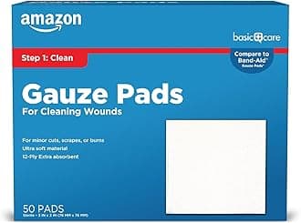 Amazon Basic Care Gauze Pads, 3x3 inches Sterile Medical Wound Dressing Sponges for Cleaning, Covering, & Cushioning Cuts & Minor Injuries, 50 Count (Pack of 1), (Previously All Health)