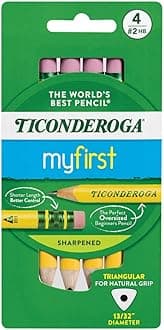 Ticonderoga My First Short Triangular Wood-Cased Pencils, #2 HB Soft, With Erasers, Yellow, 4 Count