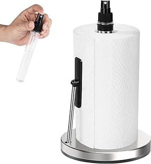 DAWNER Standing Paper Towel Holder with Spray Bottle, Weighted Base with Suction Cups, Paper Towel Stand with Spring-Loaded Arm for Kitchen, Countertop, Stainless Steel Brushed Nickel Finish