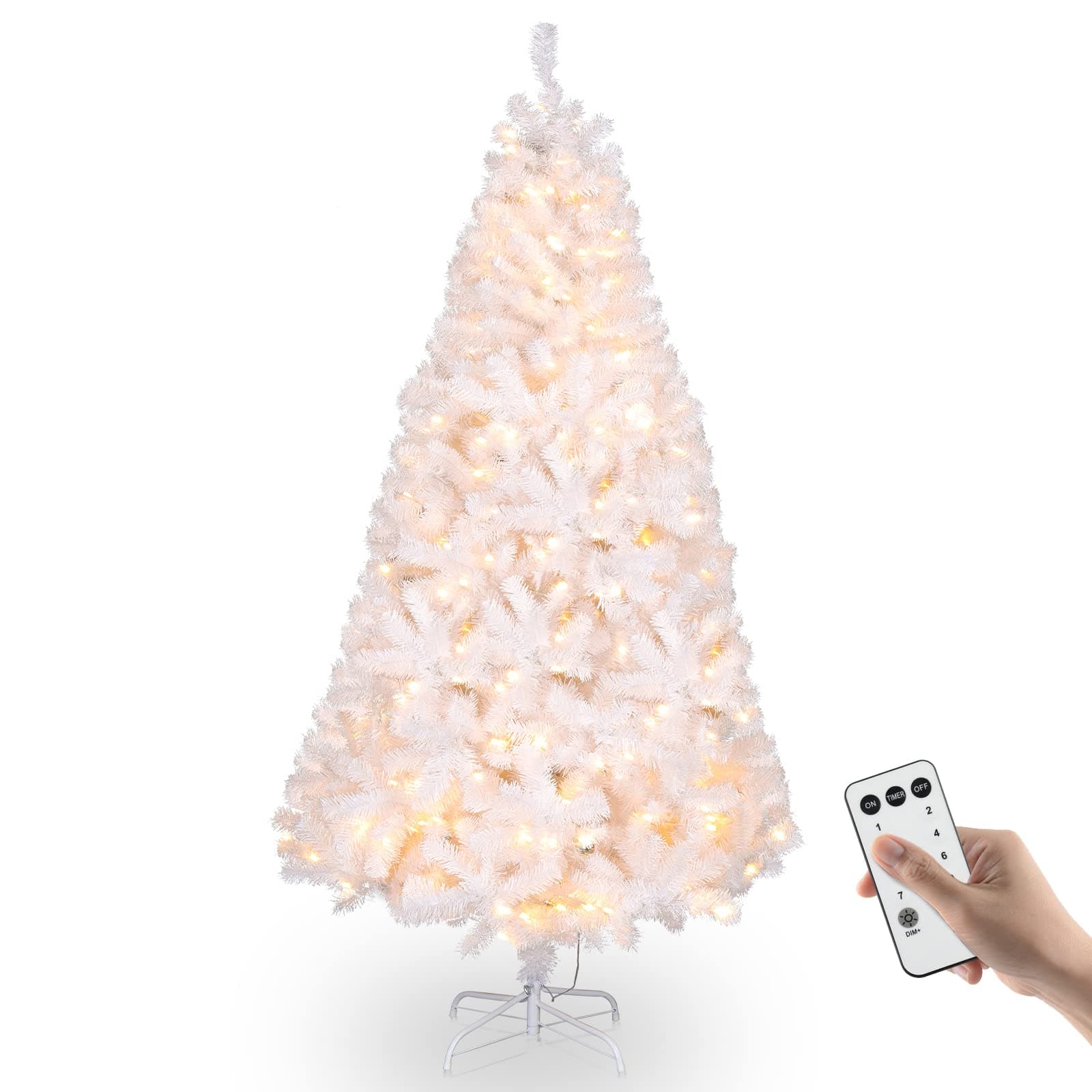 VINGLI 6ft White Pre-lit Artificial Christmas Pine Tree with 250 Warm White Lights, Xmas Tree Holiday Party Decorations with Sturdy Metal Stand, Full 900 Tips Branch, 8 Color Modes