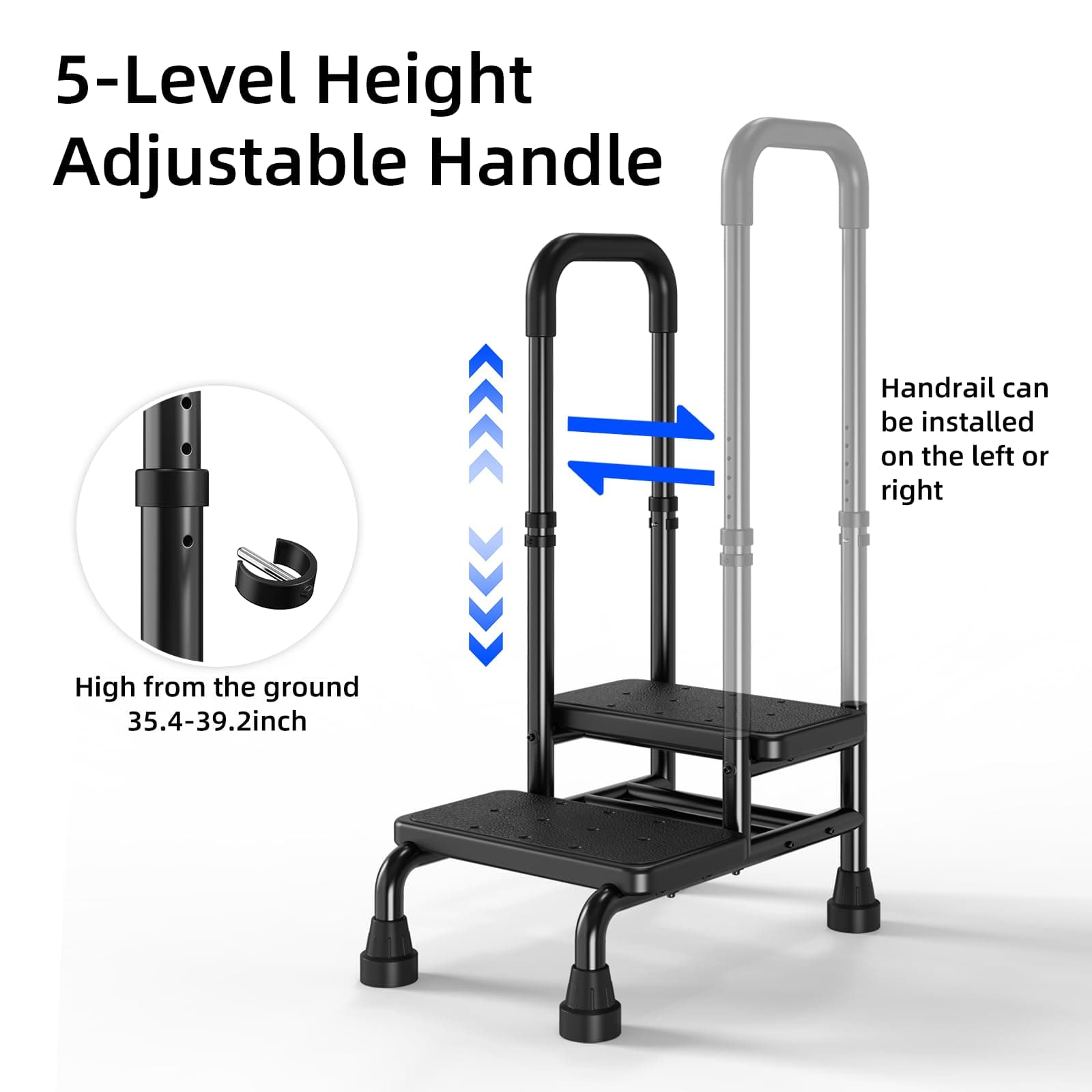 2 Step Stool with Handle for Seniors - Adjustable Handrail &Non-Skid Platform, Heavy Duty 2 Step Stool for Adults, Elderly, Foot Stool for Bedside, Kitchen, Car, Bathtub