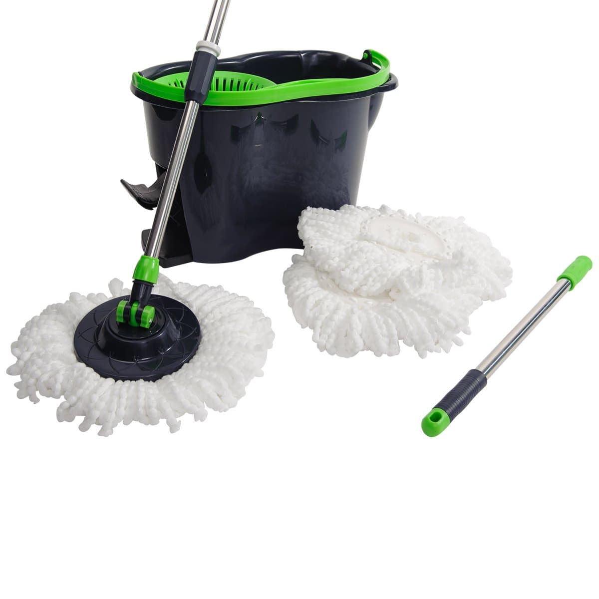 Spin Mop and Bucket Cleaning System with 2 Extra Microfiber Spin Mop Head Refills, Easy Wring 360 Rolling Foot Pedal Floor Mop Bucket Set, Green