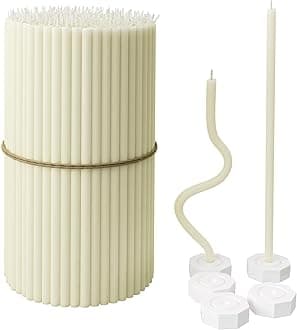 BlueBee Pure Beeswax Candles Honey Scented Candle Sticks - Tall Thin Taper Candles Dripless Smokeless - Natural Bees Wax Candles for Birthday, Church, Halloween, Christmas (200 pcs + 5 Stands, White)