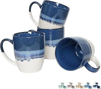 Bosmarlin Ceramic Coffee Mug Set of 4, 17 Oz, 5 Colors to Choose, Tea Cups, Dishwasher and Microwave Safe, Reactive Glaze (Deep Blue)