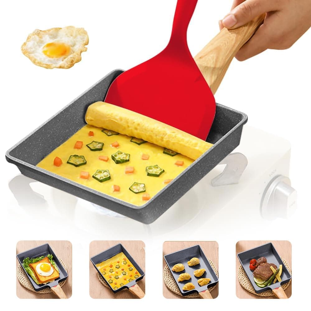 Japanese Omelette Pan Egg Pan, Non-Stick Egg Roll Pan Rectangle Frying Pan for Omelet Pancakes Steak Sausage, Breakfast Tamagoyaki Egg Skillet with Silicone Spatula for Induction Cooker Gas Stove