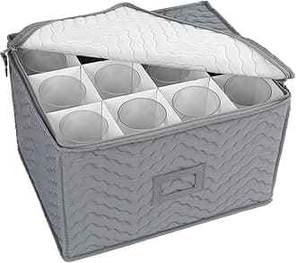 LotFancy Stemware Storage Container - Deluxe Quilted Storage Case with Dividers for 12 - Wine Glasses, Champagne Flutes, Glassware, Drinkware Storage Chest, 15.5”x12.5”x 10”, Gray
