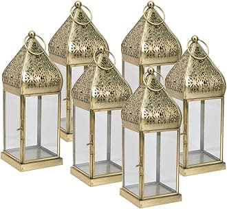 Serene Spaces Living 10" Moroccan Lantern, Gold Ornate Candle Lantern, Vintage Candle Holder, Table Centerpiece, Decorative Candle Lantern Holders for Indian-Inspired Wedding, Eid, Ramadan, Pack of 6