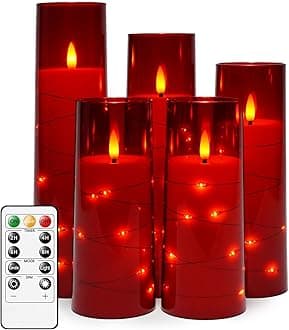 kakoya Flameless LED Candles with Timer 5 Pc Flickering Flameless Candles for Romantic Ambiance and Home Decoration Stable Acrylic Shell,with Embedded Star String，Battery Operated Candles（Red）
