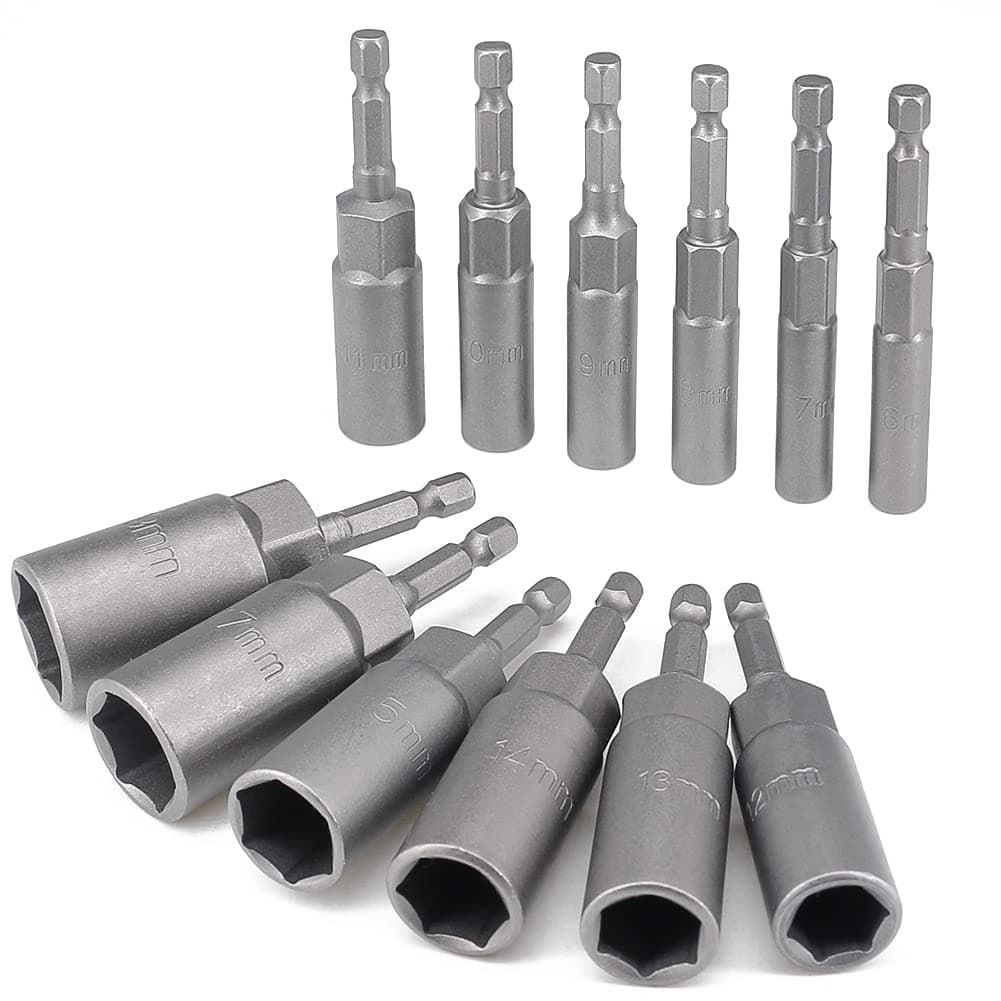 12 Pcs Deep Socket Set 6-19mm Hexagon Nut Setter Driver Drill Bits Set, 1/4 hex Shank, Long Reach Impact Driver Nut Runners Bolt Extractor Sockets Power Tool, Quick Change