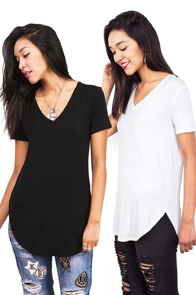Bundle 2 Items: Emma's Closet Women's Oversize Stretchy V-Neck Tee Bundle (S, Black & Ivory)