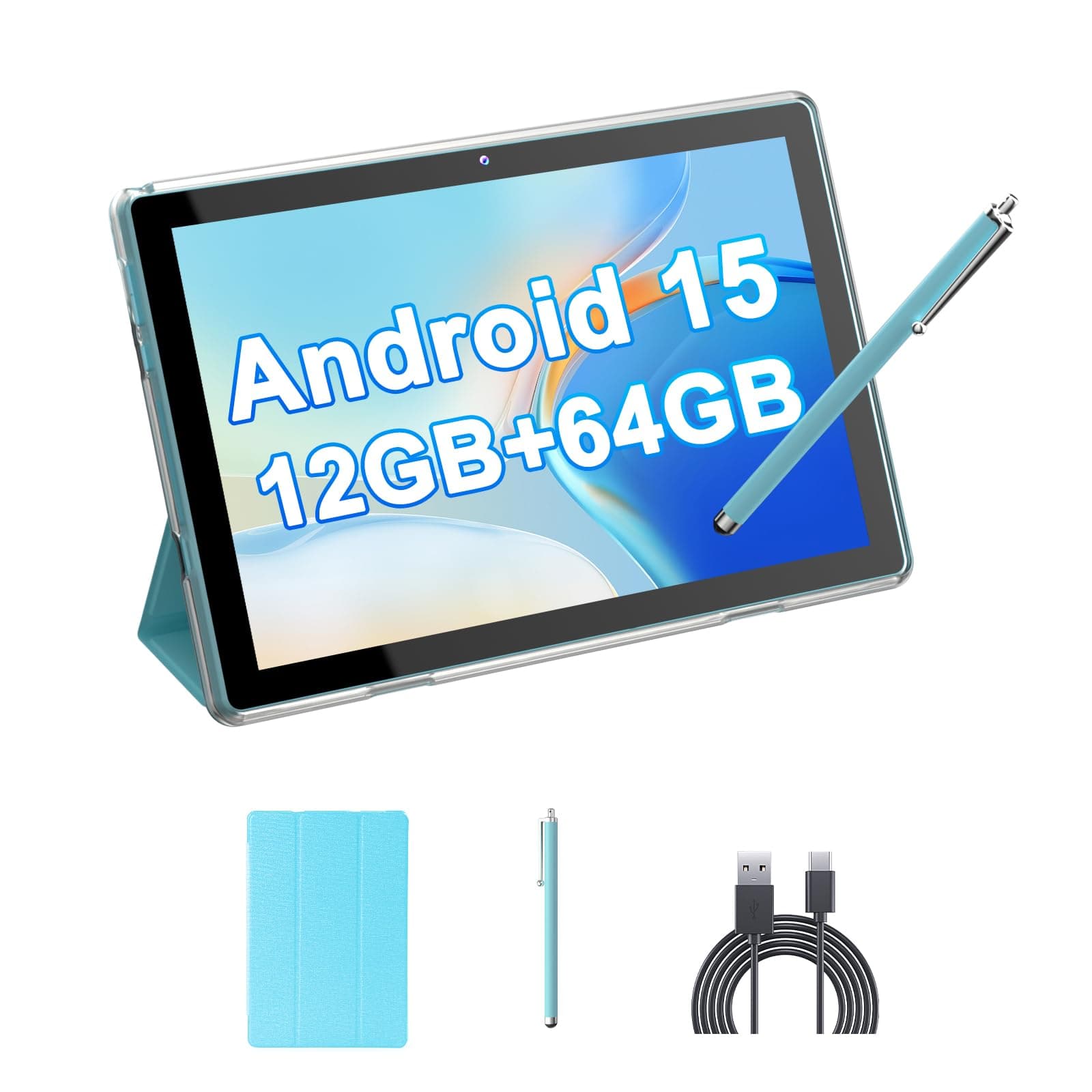 10" Android 15 Tablet with Case/Pen, 12 (4+8 Expansions) GB RAM + 64GB ROM, 2+8MP Dual Camera, 6000mAh Battery (Tablet + Case + Pen), Blue