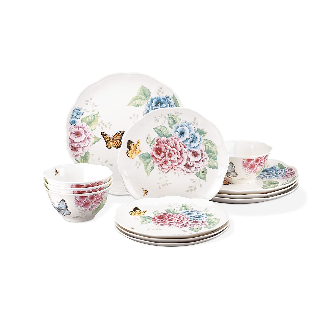 Dinnerware Set, Butterfly Meadow Hydrangea 12-Piece Set, Service For 4, Made From Ceramic Porcelain, Dishwasher And Microwave Safe, Plates And Bowls Sets, Home & Kitchen (Assorted, 12 Piece)