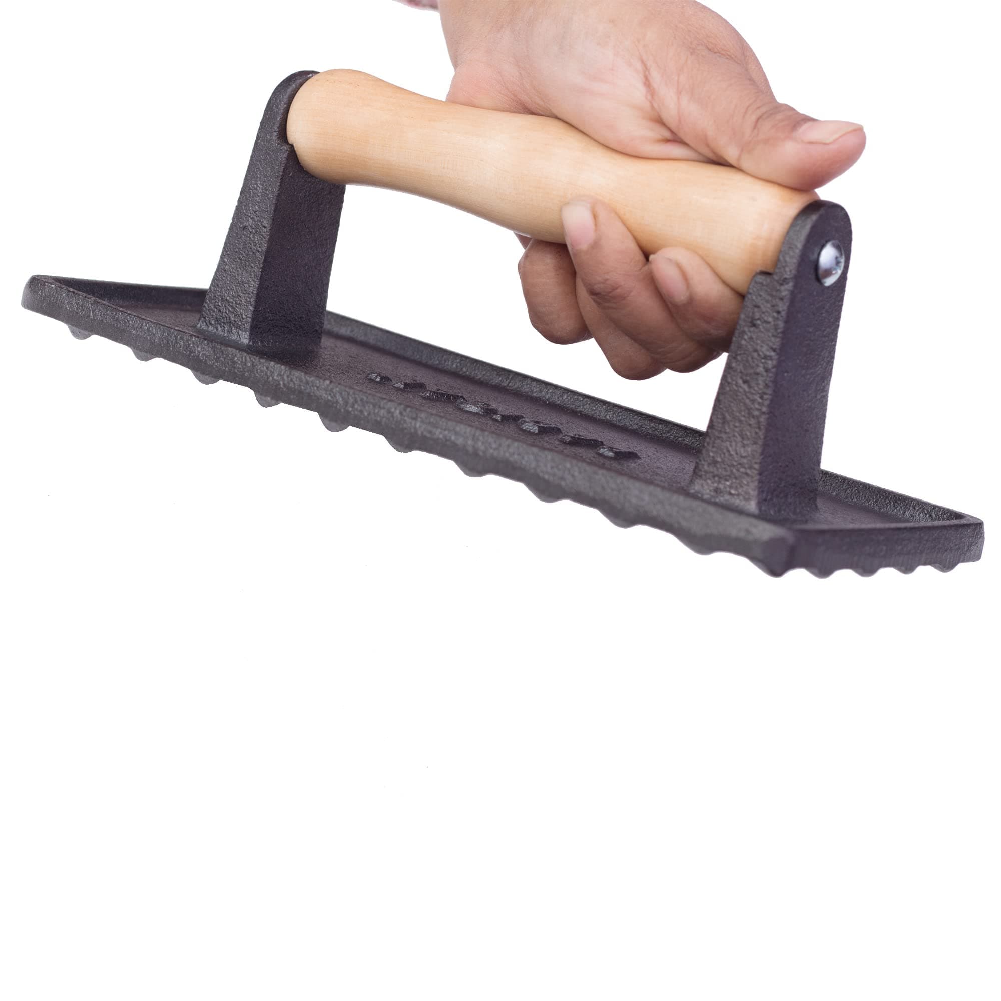 Burger Press Rectangle 9" x 4.25" Heavy Duty Cast Iron Grill Press with Wooden Handle | Pre-Seasoned Meat, Sandwich & Bacon for Kitchen & BBQ Grills