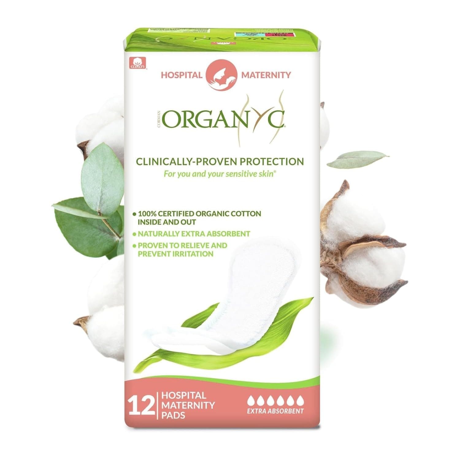Organyc Hospital Postpartum Maternity Pads – 100% Organic Cotton Pads for After Birth with Soft Absorbent Pads for Women and Breathable Maternity Pads for Postpartum Care, 12 Count