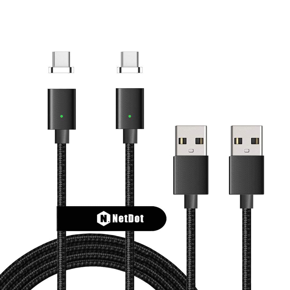 NetDot 2Pack 2M 7th Generation Nylon Braided USB-C Magnetic Charging & Data Sync Cable compatible with USB-C Smartphone and Tablet(2M Type-C/2 Pack black)