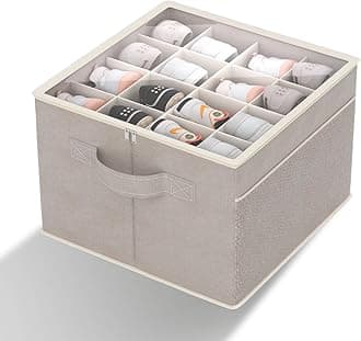 Shoe Organizer for Closet- Fits 16 Pairs, Large Foldable Shoe Storage with Clear Cover, Beige Adjustable Dividers Shoe Containers with Mesh Pockets and Pull Handles - Beige