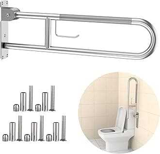Toilet Grab Bar 30.3 Inch, Brushed Nickel Anti-Slip Support Rail, U Shaped Flip-Up Grab Bar with Paper Holder, Stainless Steel Knurled Handicap Safety Handrails for Disabled Elderly Pregnant