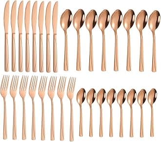 Mirror Finish Rose Gold Plated Stainless Steel Flatware Set Copper Silverware Cutlery Set [Dinner Fork-Tea Spoon-Salad Spoon-Knife] Set of (LINEING, 32)