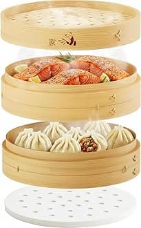 Prime Home Direct Bamboo Steamer Basket 12-Inch | 2-Tier Steamer for Cooking | 50 Liners, Chopsticks, Sauce Dish | Steaming Asian Food, Bao Buns, Chinese, Dim Sum, Dumpling, Rice, Vegetable Steam Pot