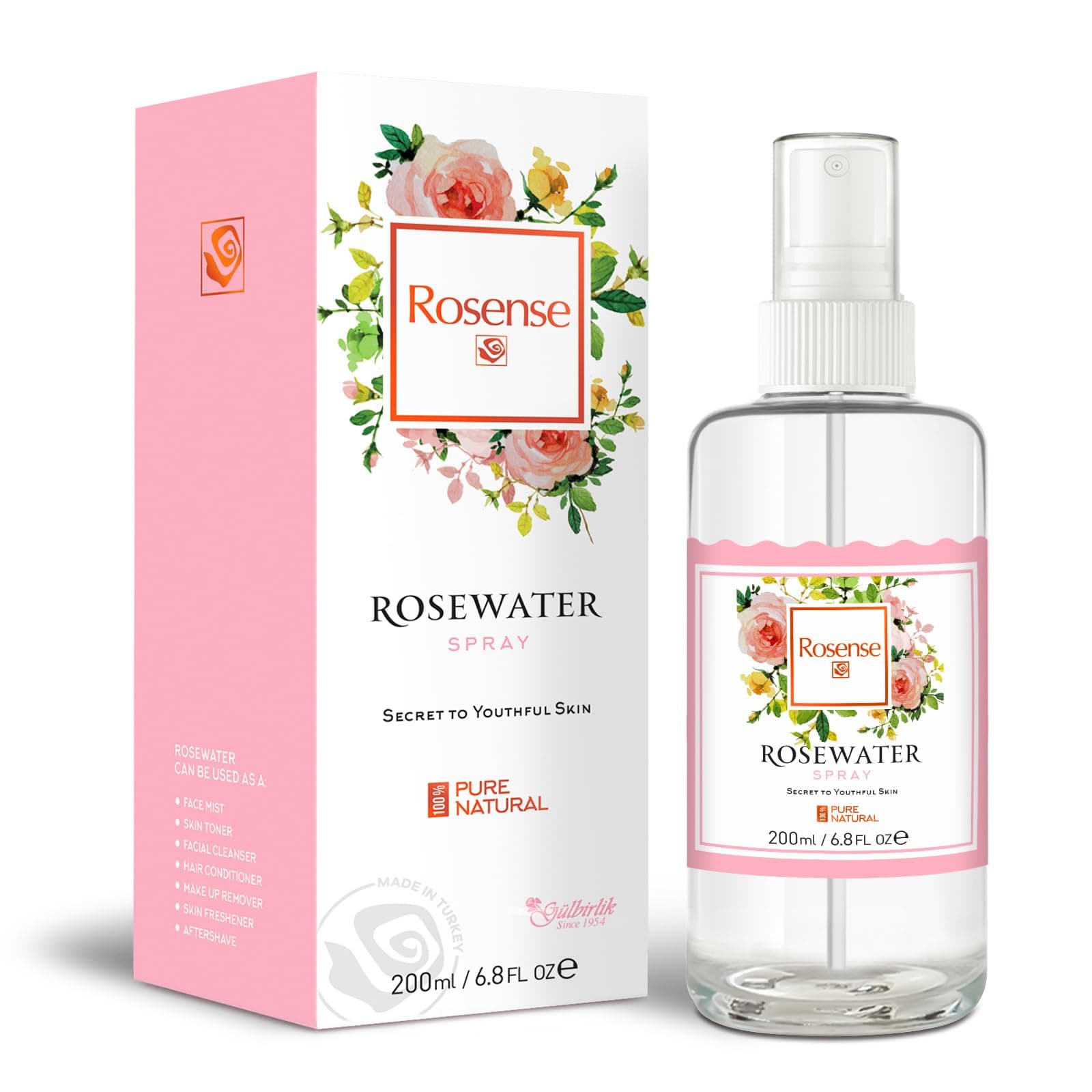 Rosense Glass Bottle Rosewater Hydrating Facial Toner/Rose Water Face Mist 6.8 Oz