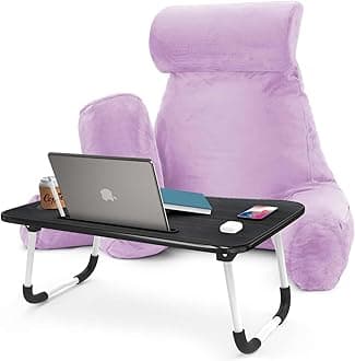 NestlReading Pillow with Portable Laptop Lap Desk - Shredded Memory Foam Back Support Pillow for Sitting Up in Bed and Couch Rest Pillows with Arms, Bed Tray Table with Foldable Legs, Lavender