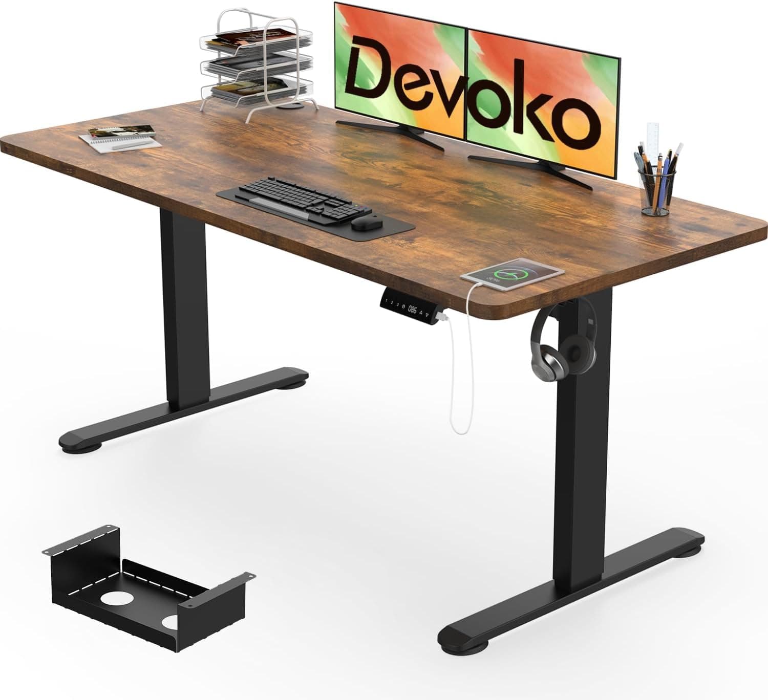 Devoko Electric Standing Desk 140x70cm, 18mm Thick Tabletop, Sit-Stand Height Adjustable with Sedentary Reminder, USB Charging Port, 3 Memory Smart Panel, Heavy-Duty Steel Frame (Rustic Brown)