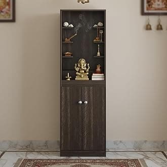 FURNEASER Adya Wooden Pooja Mandir for Home with Storage | Engineered Wood Temple Stand with Shelf & Cabinet | Compact Floor-Standing Prayer Unit for Living Room � Wenge Finish, 161x50x32 cm